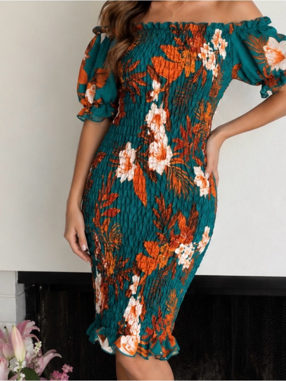 SHEIN Teal Off-Shoulder Floral Smocked Midi Dress